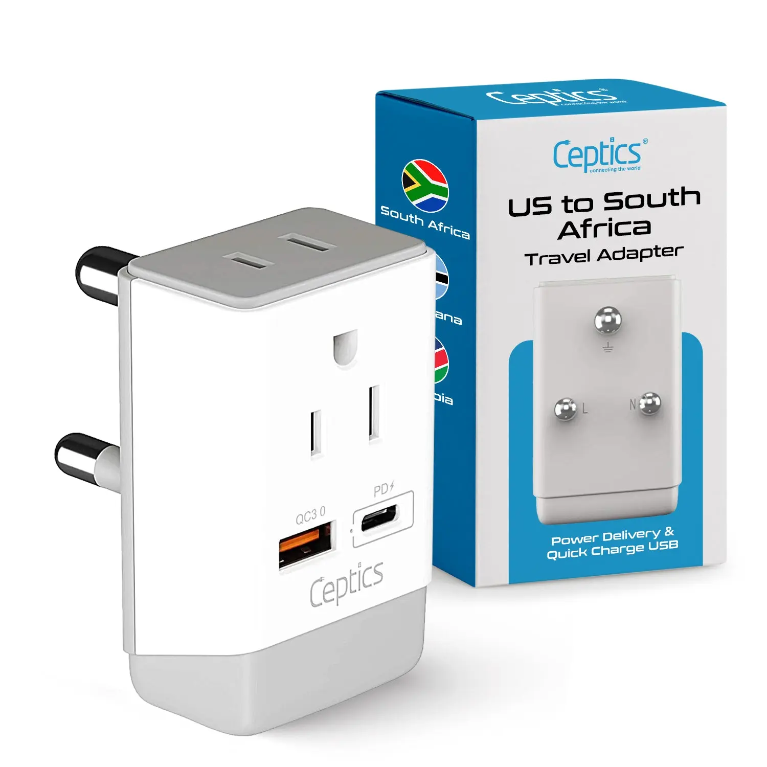 South Africa Travel Adapter | Type M - USB-A & USB-C Ports + 2 USA Outlet (AP-10L)