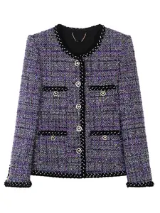 Women's Plaid Print Button Front Crop Jacket, Elegant Casual Round Neck Single-breasted Casual Chic Outerwear for Spring & Fall, Ladies Clothes for Daily Wear, Coats