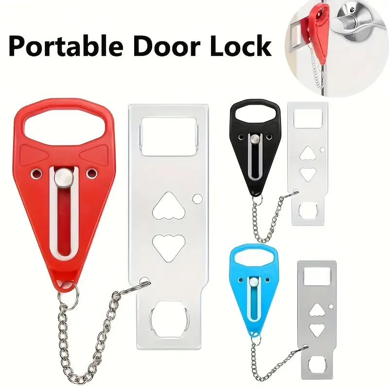 Portable Door Lock with Keychain, No Assembly Required, Durable Plastic Safety Latch for Home Travel Hotel Apartment Security, Key Ring