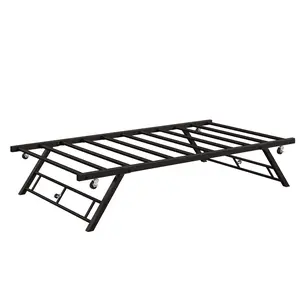 Garvee - Bed frame with wheels, foldable, single bed frame with metal slat support and lockable wheels, coffee color