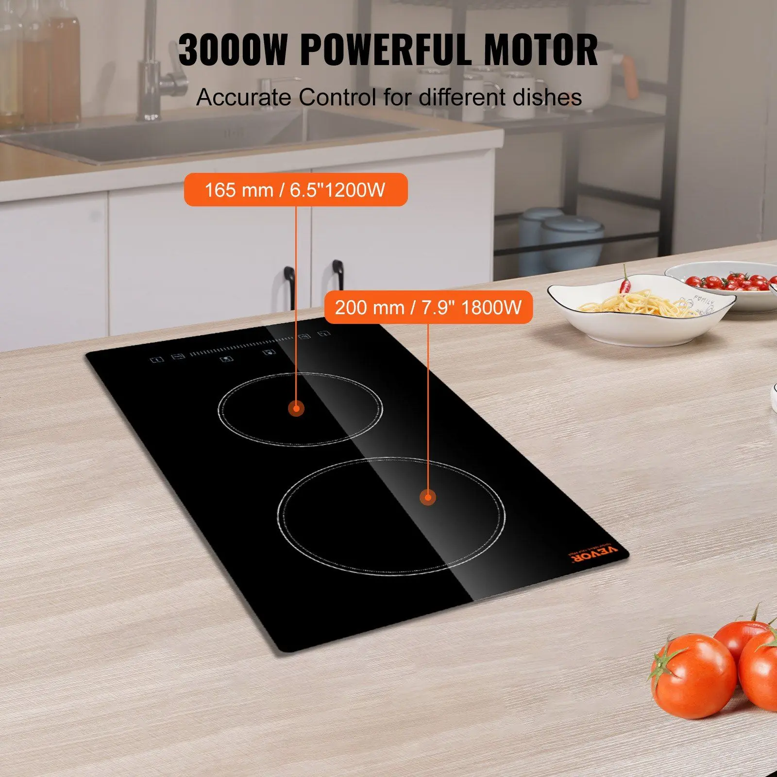 VEVOR Built-in Electric Ceramic Cooktop - 20x11.6in 2-Burner 240V 1800W Glass Top Cooking Equipment, Sensor Touch Control, Timer, Child Lock, 9 Power Levels, Heat Resistant Alarm