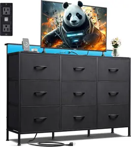 TV Stand for 45–55 inch TVs LED Entertainment Center with Charging Station 9 Fabric Drawers Open Shelves Wood Top Media Console for Living Room Bedroom Gaming Room Multifunctional LED Lighting