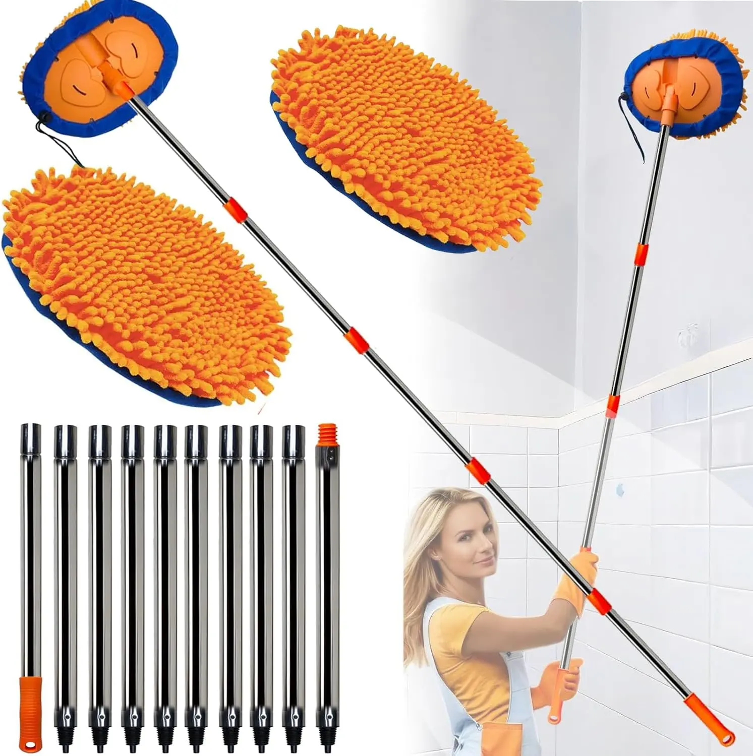 13FT Wall Cleaner Mop – Long Handle Ceiling & Baseboard Cleaning Tool with 15° Elbow Extension Pole