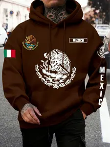 Mexican Style Hoodie with Eagle Snake Totem and Flag Badge, Loose Fit, Casual Fashion for Men, Fall & Winter, Letter Pattern
