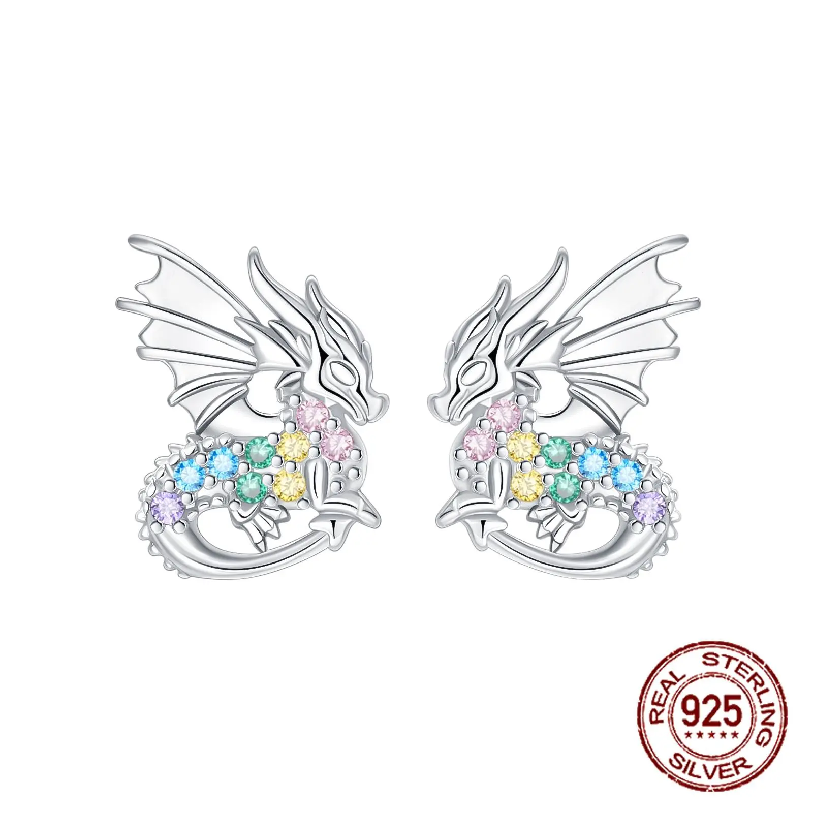 Women's 925 Sterling Silver Dragon Shape Stud Earrings - Color Cubic Zirconia Jewelry, Ideal for Birthday & Daily Wear Gifts (Cubic Zirconia Earrings)