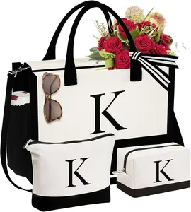 Gifts for Women - Initial Canvas Tote Bag & Makeup Bag, Birthday Gifts for Women Mom Sister Friends