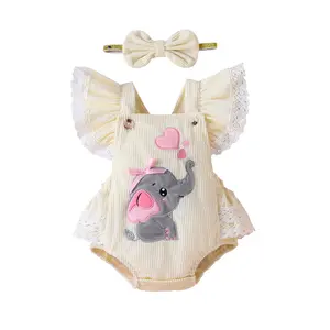 Newborn baby Girl Cute Outfit，Fly Sleeve Embroidery Elephant Heart Romper with Hairband Valentine’s Day Clothes Toddler bodysuit