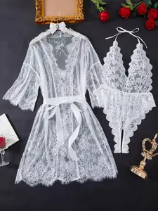 Plus Size Women's Solid Color Scallop Trim Floral Lace Robe & Teddy Bodysuit Two-Piece Set, Sexy Romantic Belted Long Sleeve Open Front Robe & Open Crotch Backless Sleeveless Halter Neck Lingerie Bodysuit Set, Women's Lingerie Lace Nightwear