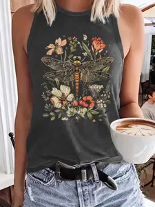 Dragonfly Floral Print Tank Top, Summer Casual Everyday Round Neck Vest, Women's Sleeveless Fitted Top, Fashionable Ladies' Clothing, Womenswear