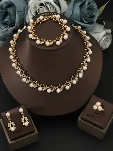 Vintage Pearl Flower Branch Jewelry Set, 18k Gold Plated Rhinestone Necklace Bracelet Earrings Ring Set, Casual All-Season Accessories