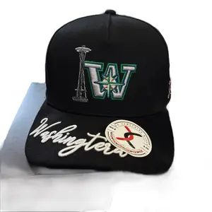 X Hats 206 Black Cap with White Embroidered Washington Design & Space Needle Logo