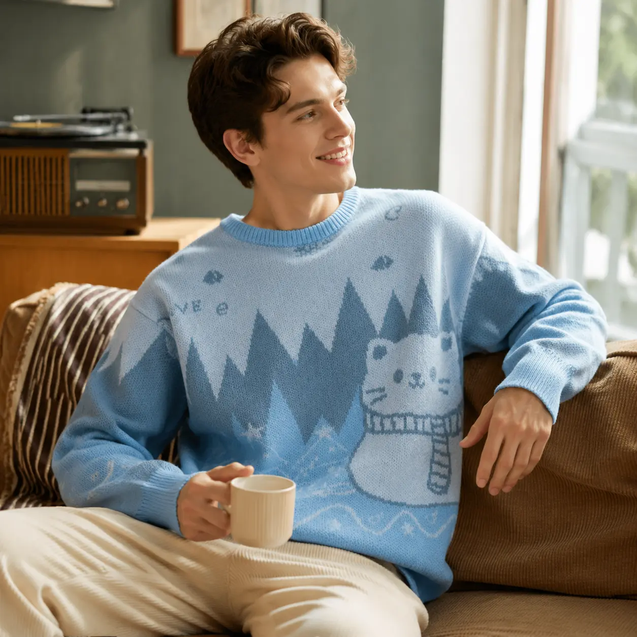 Men's Loose Oversize Polyester Knit Sweater - Festive Cat & Snowflake Graphic Pullover, Chic Round Neck Long Sleeve Winter Top for Halloween & Party