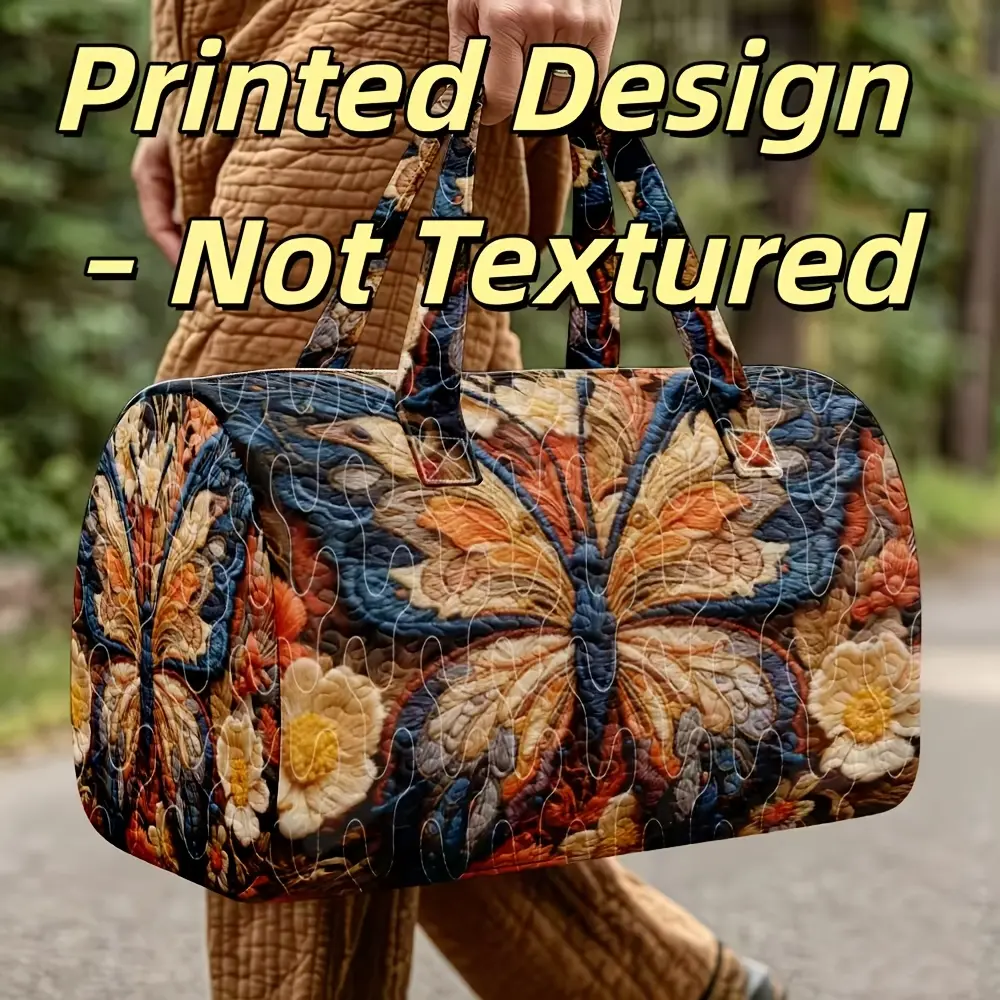 1pc Dark Butterfly Floral Pattern Quilted Boston Handbag, Butterfly Chrysanthemum Black Theme, Gothic Floral Vintage Style Travel Tote Bag, Suitable for Women Who Like Dark and Melancholic Floral Patterns, Halloween Thanksgiving Christmas Holiday