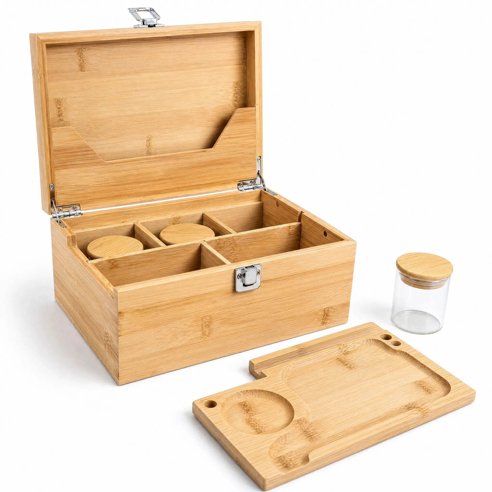 Stash Box with Tray, Large Bamboo Storage Box with Removable Organizer Tray & Airtight Jars Set, Decorative Home Smell Proof Wooden Box for Men and Women (Wood)