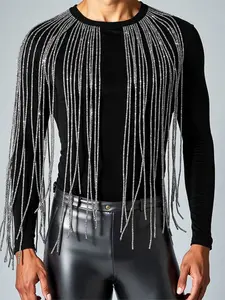 INCERUN Men's Fashion Casual Streetwear Glitter Fringe Tassel Round Neck Crewneck Long Sleeve Polyester Fabric T-Shirt, Perfect for Daily Wear, Stylish and Comfortable
