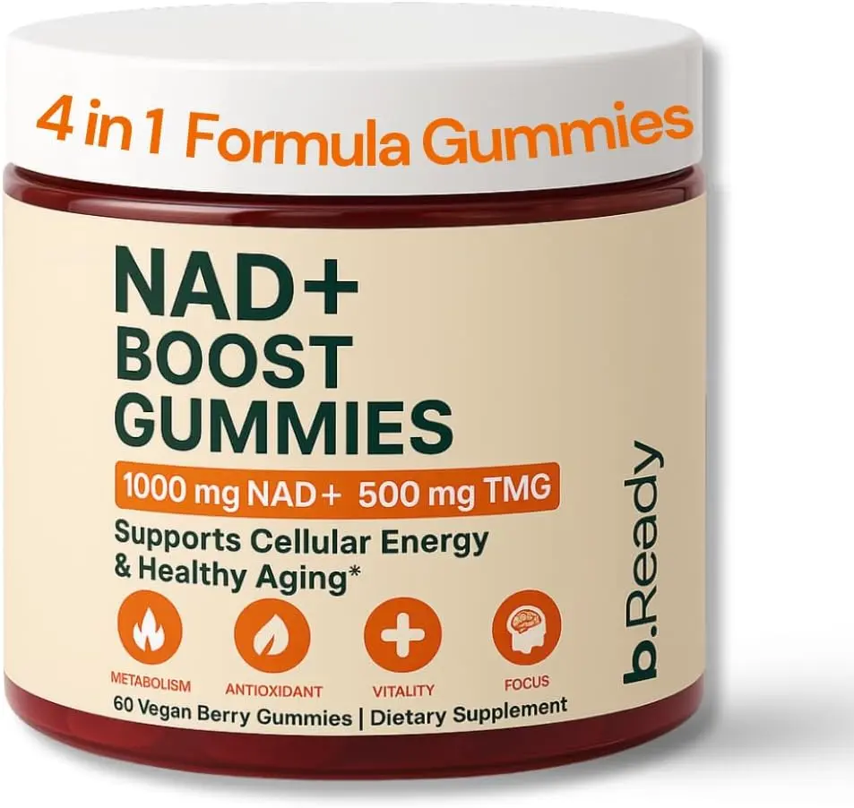 b.Ready NAD+ Gummies, Premium 1000 mg NAD Supplement with 500 mg TMG, Grape Seed & Black Pepper Extract – NAD+ for Healthy Aging, Cellular Energy & Antioxidant Support, Vegan, Sugar-Free, 60 Count