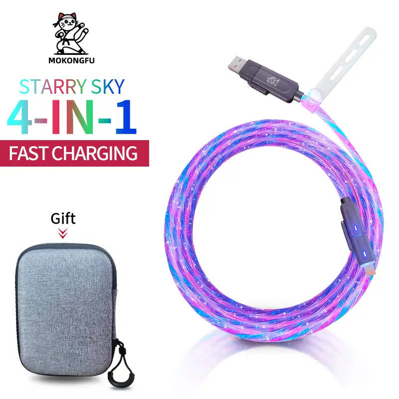Mokongfu 120W 4 in 1 Charger Cable,LED Lightning and Colorful Fast Charging Cable,Date Cable with USB A and Type C,for iPhone 15/16,iPad and Samsung
