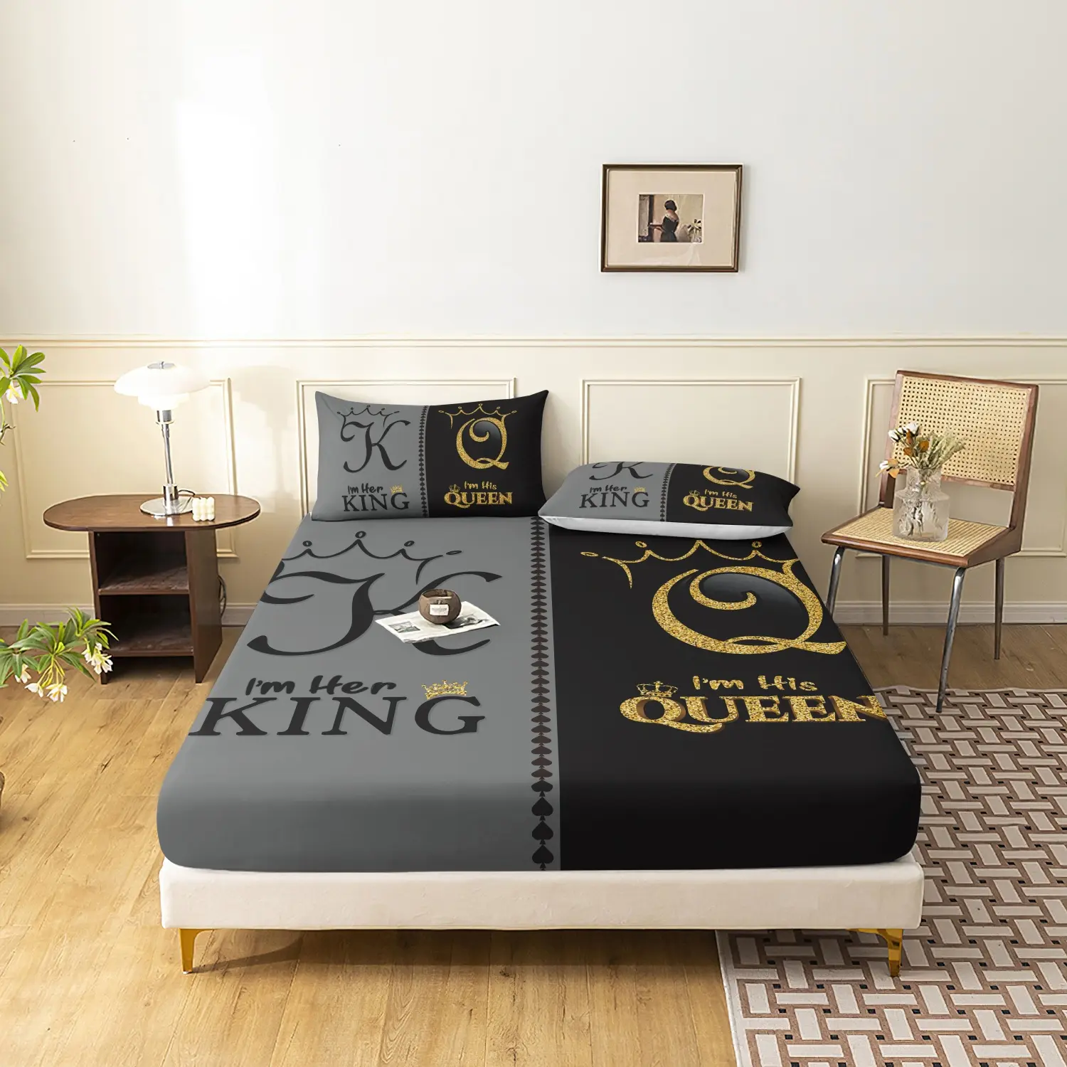 3pcs Royal Crown King & Queen Themed Bedding Set, Decorative Bedsheet Sets - Soft Microfiber, 100% Polyester Microfiber, Cozy & All-Season, Machine Washable - Includes Fitted Sheet and 2 Pillowcases, High-Definition Digital Print Bedroom Decor