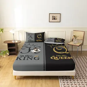 3pcs Royal Crown King & Queen Themed Bedding Set - 100% Polyester Microfiber, Breathable, Cozy & All-Season, Machine Washable - Includes Fitted Sheet and 2 Pillowcases, Polyester Bed Sheets, High-Definition Digital Print Bedroom Decor