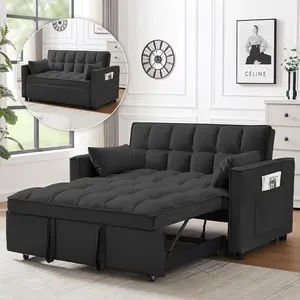 Convertible Sleeper Sofa Bed, Modern Futon Couch Pullout Couches Bed, Small Loveseat with Adjustable Backrest, Storage Pockets and Pillows for Living Room, Velvet (BLACK)