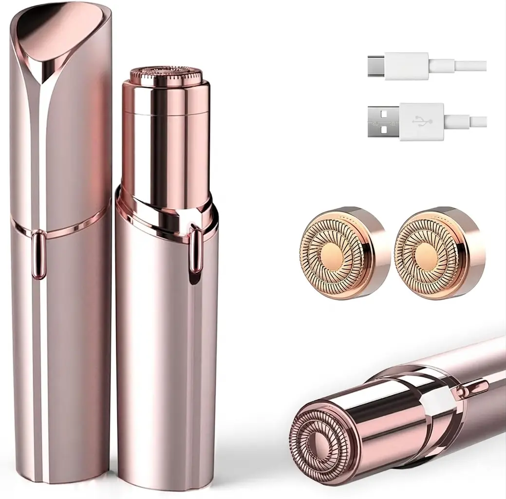 Women's Smooth Mini Facial Hair Trimmer - Electric Shaver Women - Painless Double-Blade Shaver with LED Light, USB Rechargeable Hair Removal Device for Face, Lips (Rose Gold)