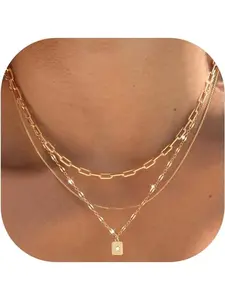 Layered Gold Necklaces for Women Trendy Daily Wear Necklace, 3 Pcs 14K Brass Gold Plated Choker Paperclip Box Chain Necklace, Stackable Women's Gold Pendant Necklaces Jewelry Set Stacking Necklace