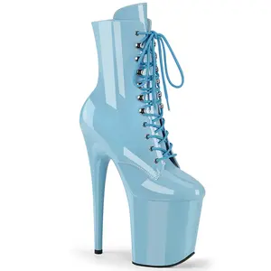 Women's 8-Inch Heel FLAMINGO-1020 Baby Blue Patent Platform Lace Footwear, Stylish Women's Heel Shoe