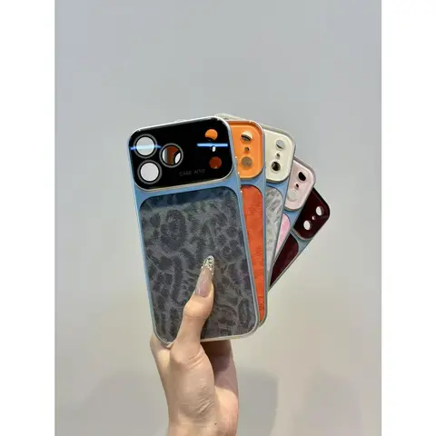 Luxury Animal Print Transparent Large Viewfinder Cellphone Case for iPhone 14/15/16/17 Series, TPU-Polycarbonate Dual-Layer Shockproof Casing Protector, Anti-Scratch, Non-Slip, Full Camera Lens Guard, Stylish Orange Faux Suede Texture
