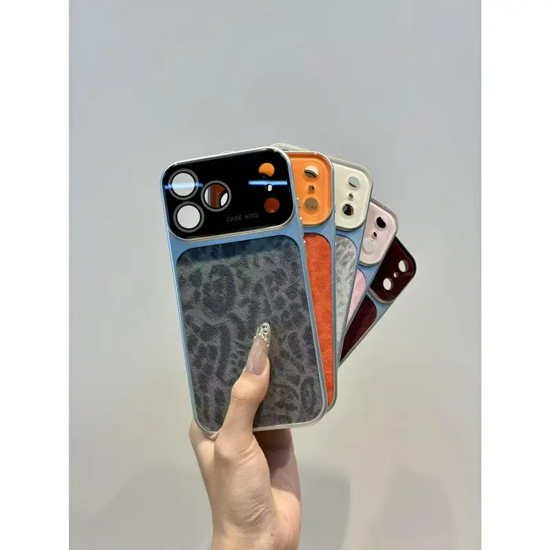 Luxury Animal Print Transparent Large Viewfinder Cellphone Case for iPhone 14/15/16/17 Series, TPU-Polycarbonate Dual-Layer Shockproof Casing Protector, Anti-Scratch, Non-Slip, Full Camera Lens Guard, Stylish Orange Faux Suede Texture