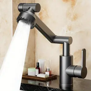 Rotating Bathroom Sink Faucet, Adjustable Height Single Handle Single Hole, 2 Spout Types and 2 Soft Hoses, Basin Rotating Faucet