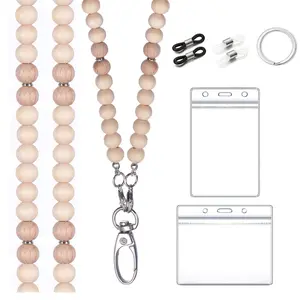 Wooden Bead Lanyard Necklace with Badge Holder, 1 Set Including Lanyard, Keychain Ring, Eyeglass Connector and Card Cover, Multifunctional Glasses Chain