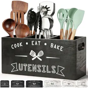 Large Durable 3 Compartment Black Wooden Kitchen Utensil Holder, Ideal for Kitchen Counter Decor and Party Use