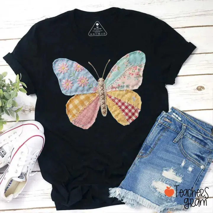 Faux Patchwork Butterfly Teacher T-Shirt
