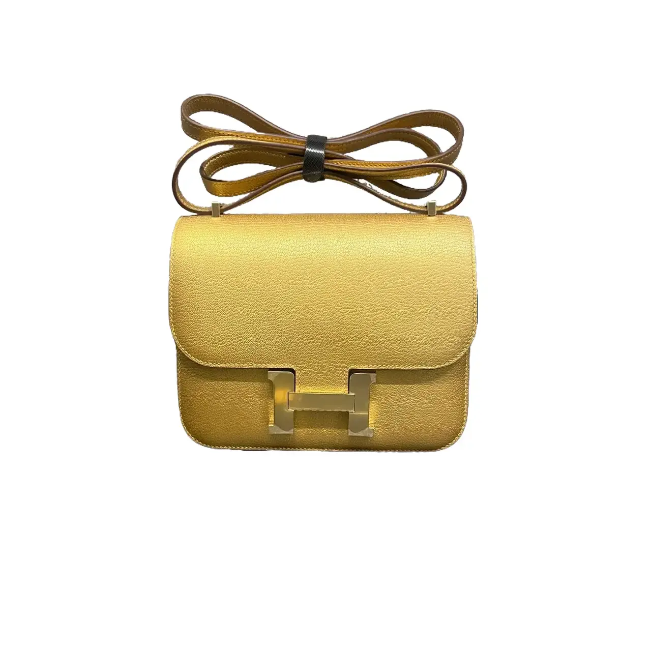 Pre-owned HERMÈS Constance 19 in Goatskin with Permabrass Hardware, Y9 Jaune Poussin (Gilded Yellow)