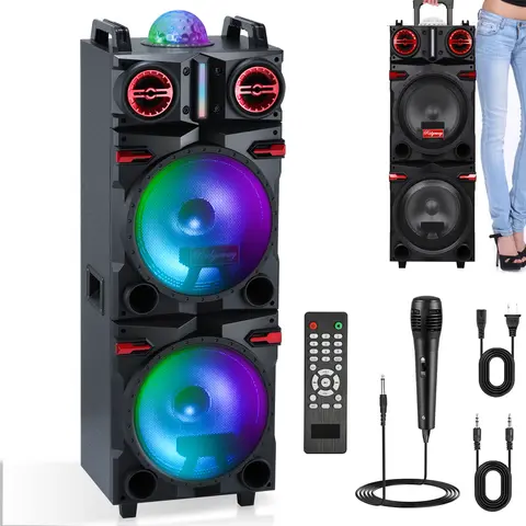 DAZONE Portable Wireless Bluetooth PA System Karaoke Machine with Handle, 2x10" High Volume Subwoofers, 3" Tweeters, Colorful LED Disco Lights, Microphone, Remote, Rechargeable Battery, Wired Audio Cord, Memory Function, Receiver, Multi-Device Connection