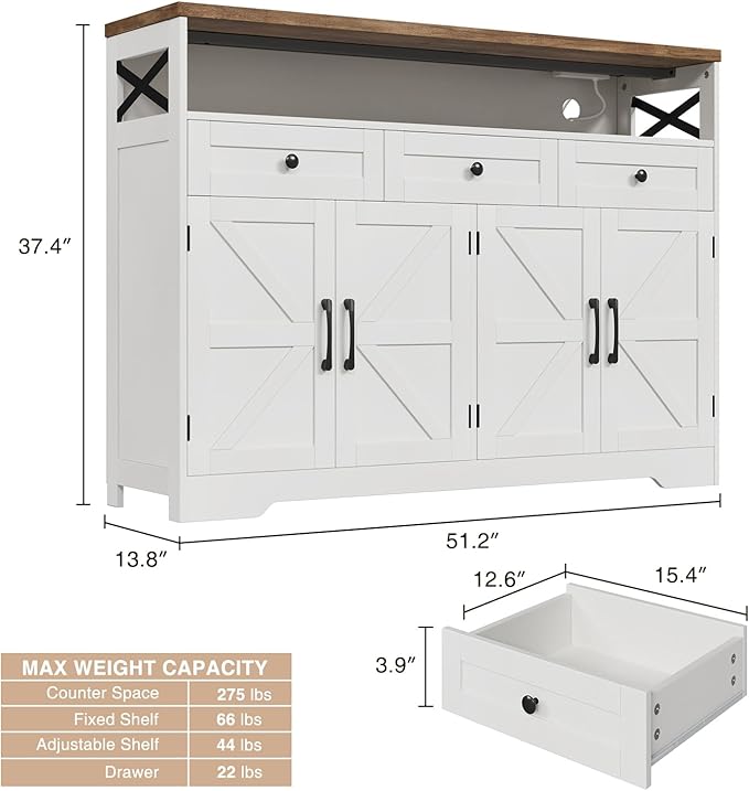 Vabches Farmhouse Buffet & Sideboard Cabinet with Storage - White Pantry Cabinet with Drawers, Wood Cupboard Hutch, Coffee Bar Station Table for Kitchen, Living Room & Dining Room