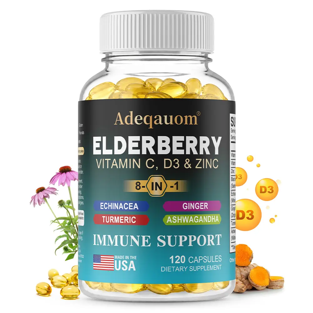 Elderberry health supplement, containing Vitamin C, D3 + Zinc, supports skin and immune health. 120 Capsules