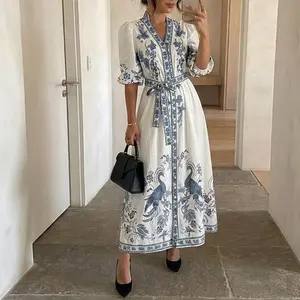 ChicMe Women's Floral & Peacock Print Maxi Dress Notch Neck Puff Half Sleeve A-Line Dress/Summer Dress with Matching Belt and Button Detail