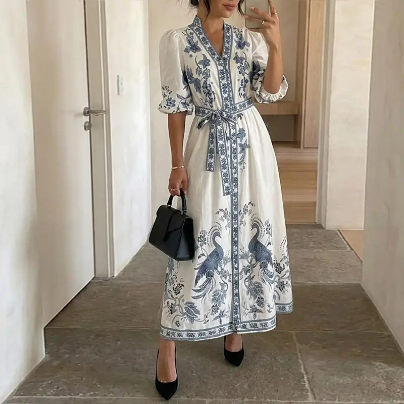 CHICME Women's Floral & Peacock Print Maxi Dress Notch Neck Puff Half Sleeve A-Line Dress/Summer Dress with Matching Belt and Button Detail Casual Womenswear