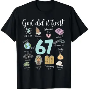 Women's Short-Sleeve Casual Comfortable Statement T-Shirt - Funny "God Did It First 67" Meme Jesus Christian Bible Top, Soft Fabric Women's Top for Birthday Wear summerwins,summerwins