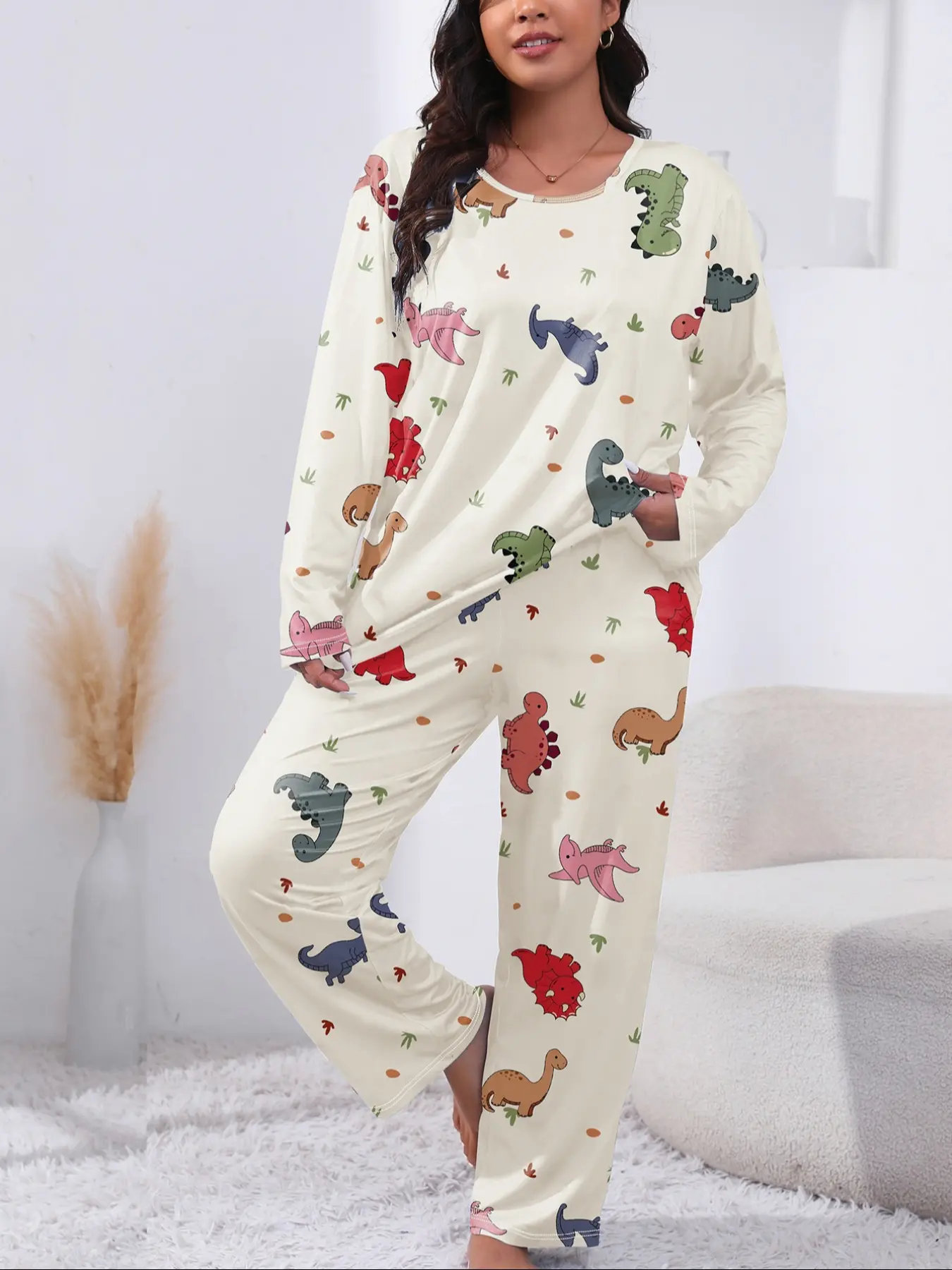 【Plus Size】 Two-Piece Set Cartoon Dinosaur Print Long Sleeve Pajama, Cute Loungewear Casual Comfy Round Neck Top & Pants PJ Set, Women's Sleepwear Loungewear for Spring & Fall, Cute Pajama Sets, Cozy Loungewear, Loungewear Pjs