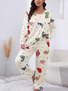 【plus size】two-piece set cartoon dinosaur print long sleeve pajama, casual comfy round neck top & pants pj set, women's sleepwear for spring & fall, sleepwear for women, women's pajamas sets, lounge sets, womenswear, homewear, loungewear