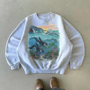 Orcas Sunset Sea Scene Vintage 90s Sweatshirt, Retro Ocean Dolpin Sweater, Cute Sea Turtle Sweater, Ocean Gifts, Cozy Warm Unisex Sweater