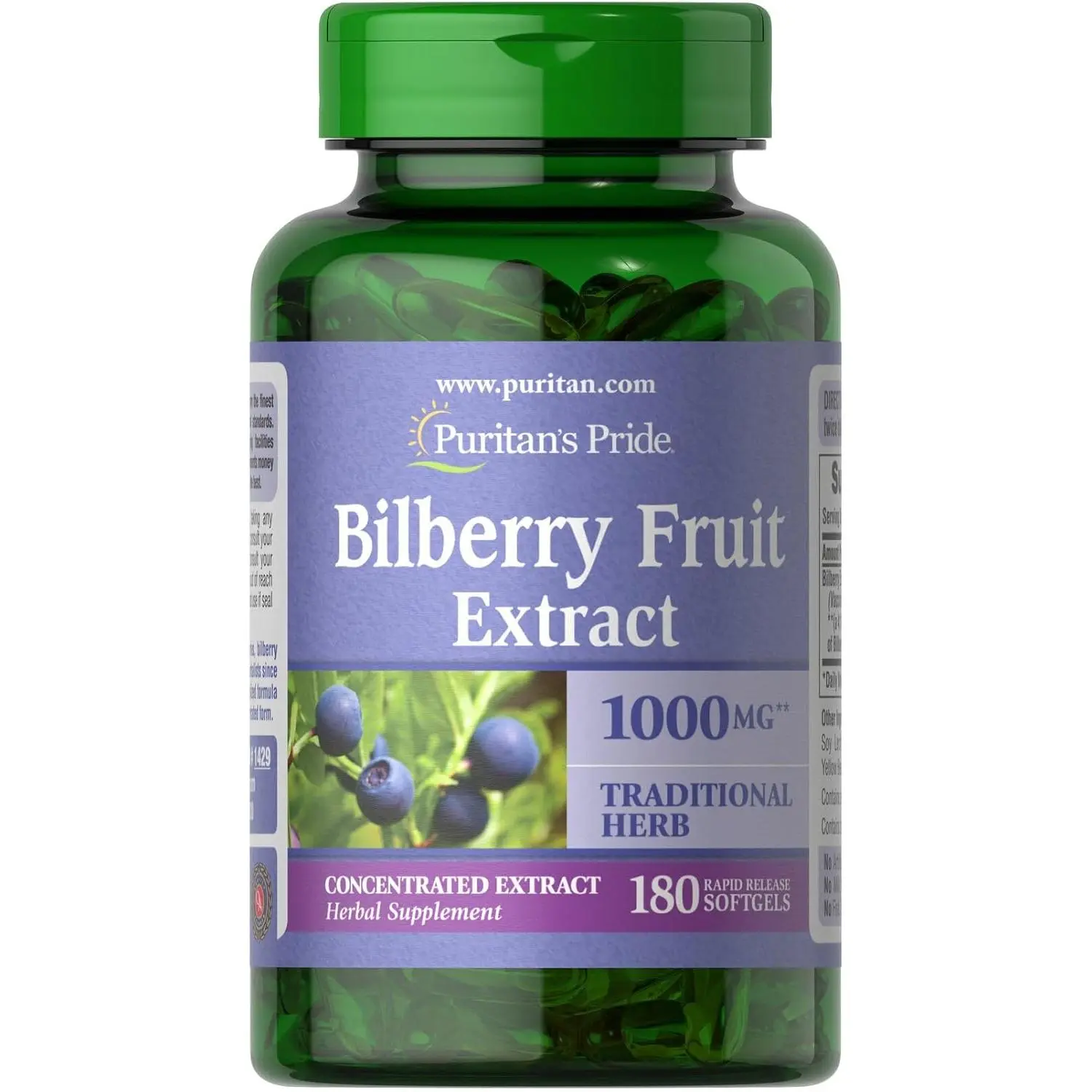 Puritan's Pride Premium Bilberry Fruit Extract 250 mg, 4:1 Concentrated Herbal Supplement, Vitamin C, 3 to 6 Month Supply, 180 Rapid Release Softgels(Packaging May Vary)