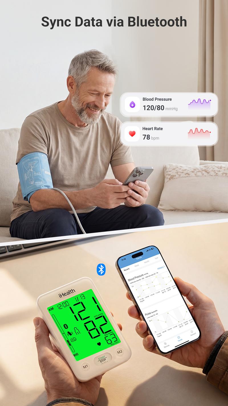 iHealth Bluetooth Upper Arm Blood Pressure Monitor, HSA/FSA Eligible β 4.5" Tri-Color WHO-Based LCD, Clinically Accurate, Irregular Heartbeat Alert, Body & Cuff Detection, Bluetooth Cloud Sync, Batteries, Alkaline iHealth Bluetooth Upper Arm Blood Pressure Monitor, HSA/FSA Eligible β 4.5" Tri-Color WHO-Based LCD, Clinically Accurate, Irregular Heartbeat Alert, Body & Cuff Detection, Bluetooth Cloud Sync, Batteries, Alkaline