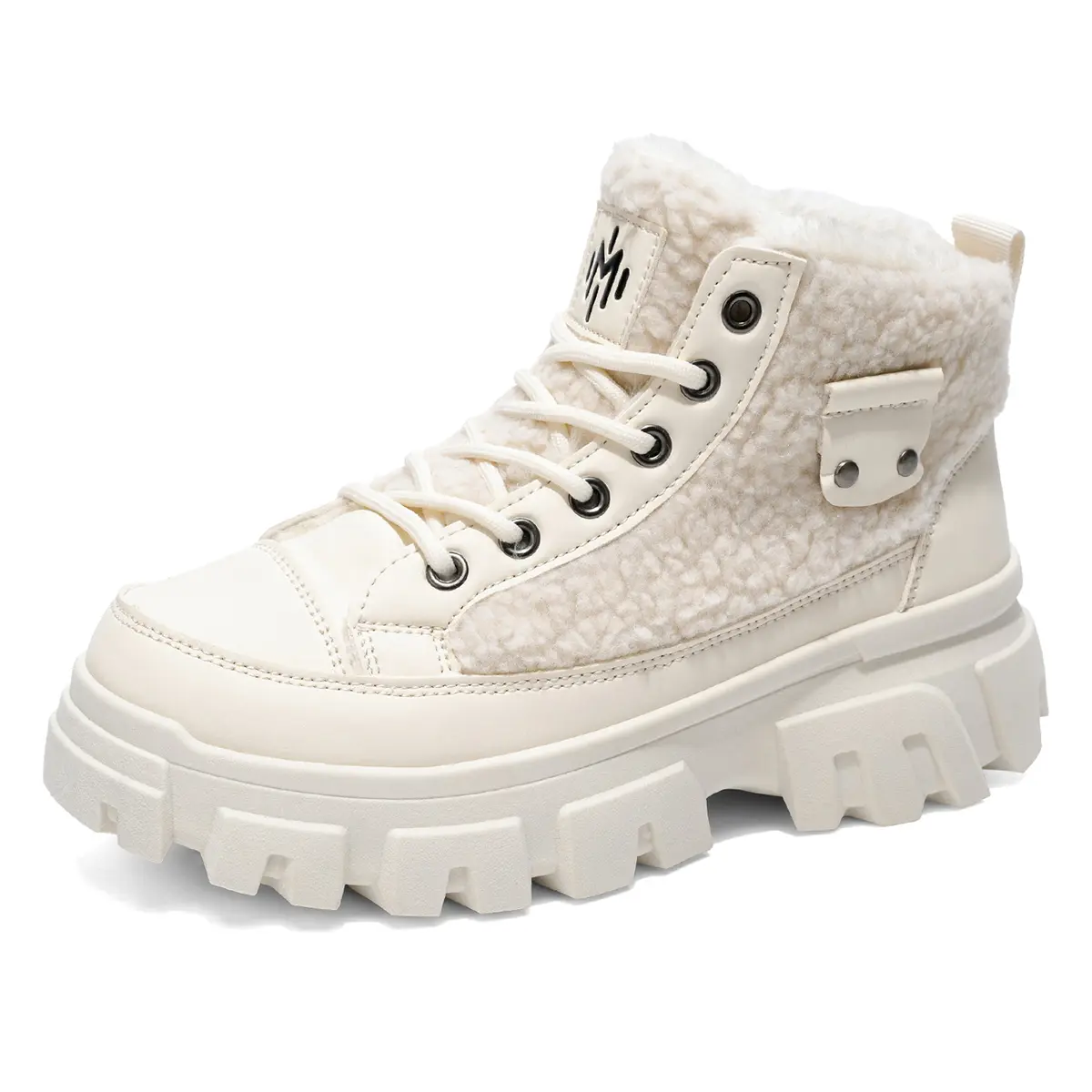 Men's Stylish Waterproof Lace-Up Winter Snow Boots, Plush Teddy-Fleece Lining, Chunky Non-Slip Soles, Paneled Design, Warm Durable Streetwear Casual Footwear, Walking Shoes, Soft, Cute, Minimalist, Retro, Laces, Round Toe
