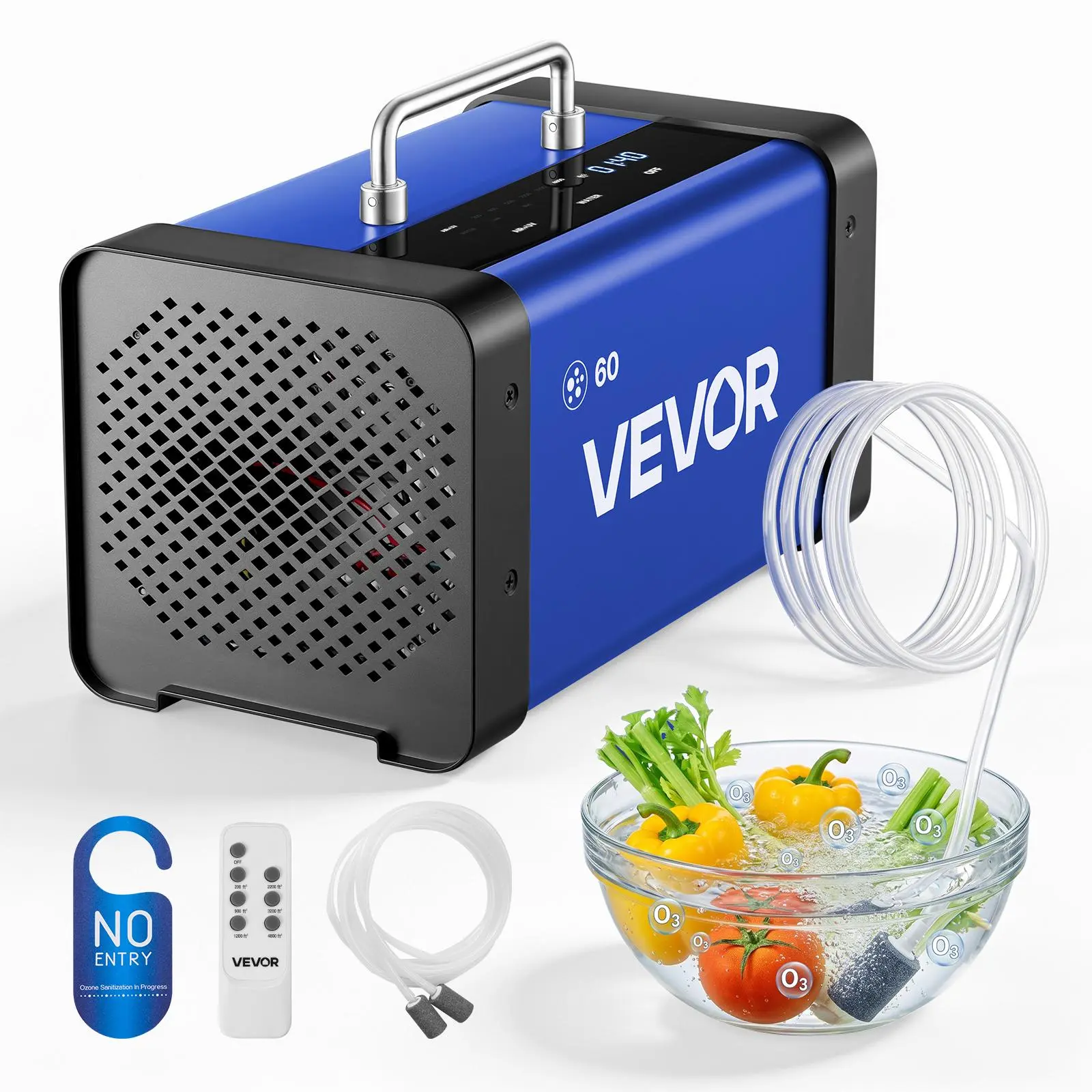VEVOR Commercial Ozone Generator with 60000 mg/h Output, Built-in Ionizer, Compact Tech Look, Quartz Tubes, 15s Delayed Start, Dual-Hose Water Mode, LCD Touchscreen, Odor Removal, 4800 sq.ft Coverage (Home, Car) | Father's Day Gift