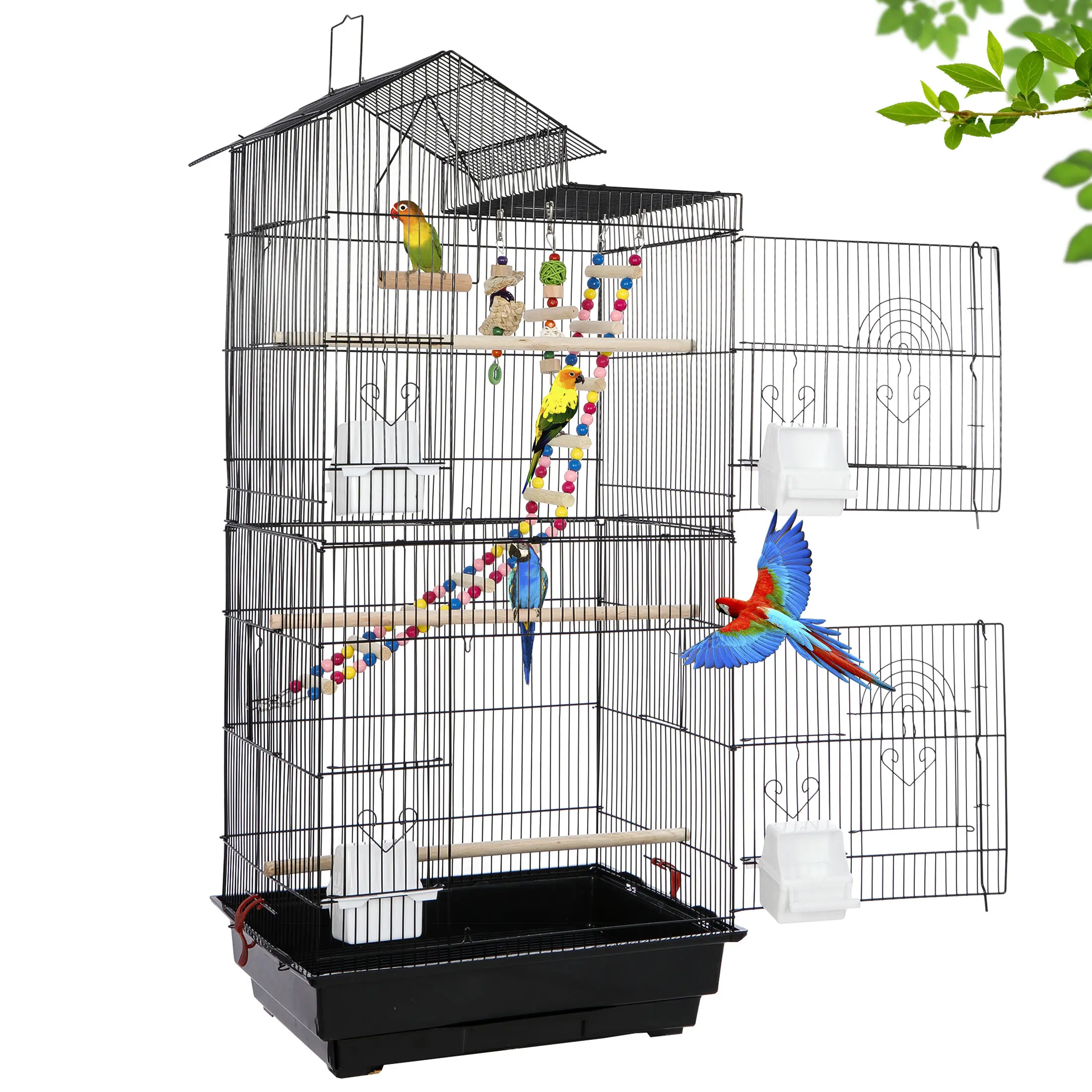 Pet Republic 39 in Durable Black Iron Bird Cage for Parrots, Cockatiels - Metal Design with Double Windows, Roosting Perch, Parakeet Setup, Parakeet Cage Accessories