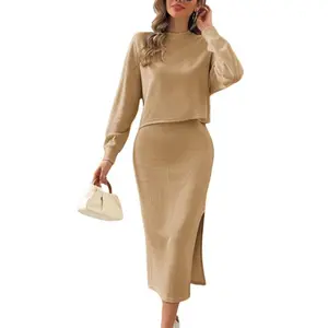 Grace Karin Women's Knitted DressPullover Two-Piece Long Sleeve Pullover Top Skirt Midi SkirtBodycon 2-Piece Set Midi Dress Turtleneck Jumper Dress