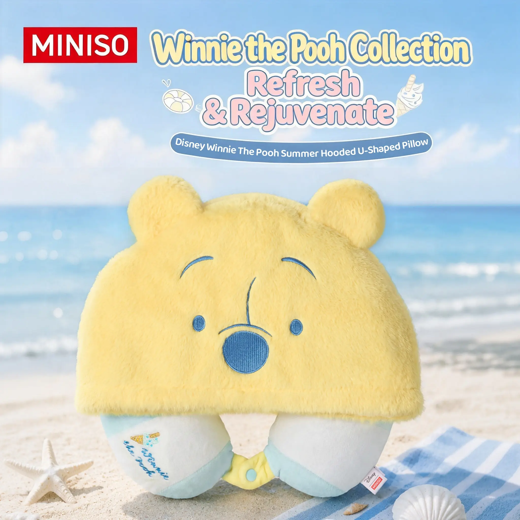 MINISO Disney Winnie the Pooh Hooded Neck Pillow | Soft U-Shaped Travel Pillow for Airplane, Car, Office & Home, Back To School